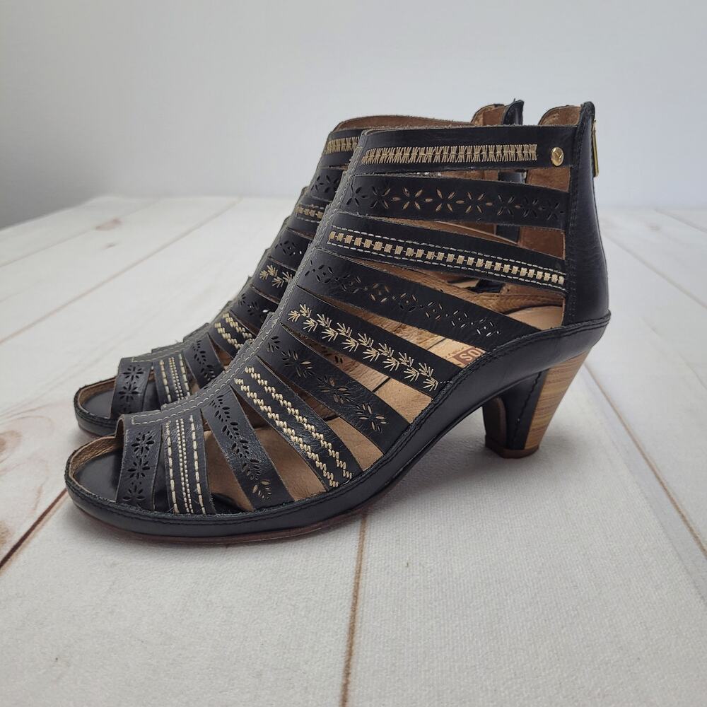 Pikolinos Java heeled leather gladiator sandals heels peep toe strappy black 38